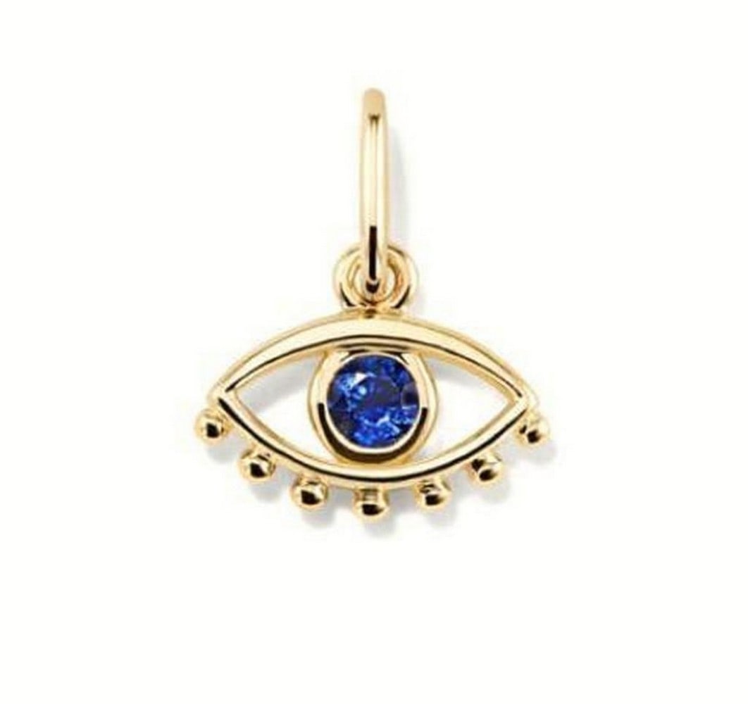 Blue Sapphire Gemstone 14kt Gold Evil Eye Necklace Charm: Blue Sapphire Gemstone 14kt Gold Evil Eye Necklace Charm The evil eye symbol belongs to and represents a multitude of cultural traditions. We acknowledge the importance of recognizing its history as a