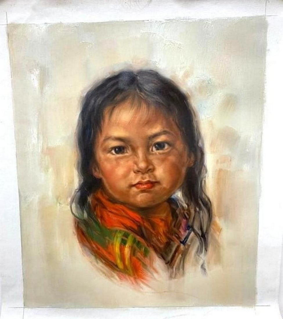 Original 20'' X 24'' Acrylic Of Indigenous Girl With The Red Scarf Inspired By Nicholas Raphael de: Original 20" X 24" Acrylic Of Indigenous Girl With The Red Scarf Inspired By Nicholas Raphael de Grandmaison, CM, RCA(1892-1978) Nicholas de Grandmaison was a prolific and influential portrait a