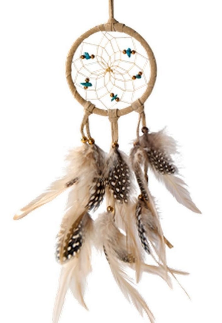 Handmade Tan & Polka Dot Dream Catcher: Handmade Tan & Polka Dot Dream Catcher This tan dream catcher, is detailed with semi-precious stones and beads. The design of the stone in the web symbolize spiritual energy, which is an unseen force 