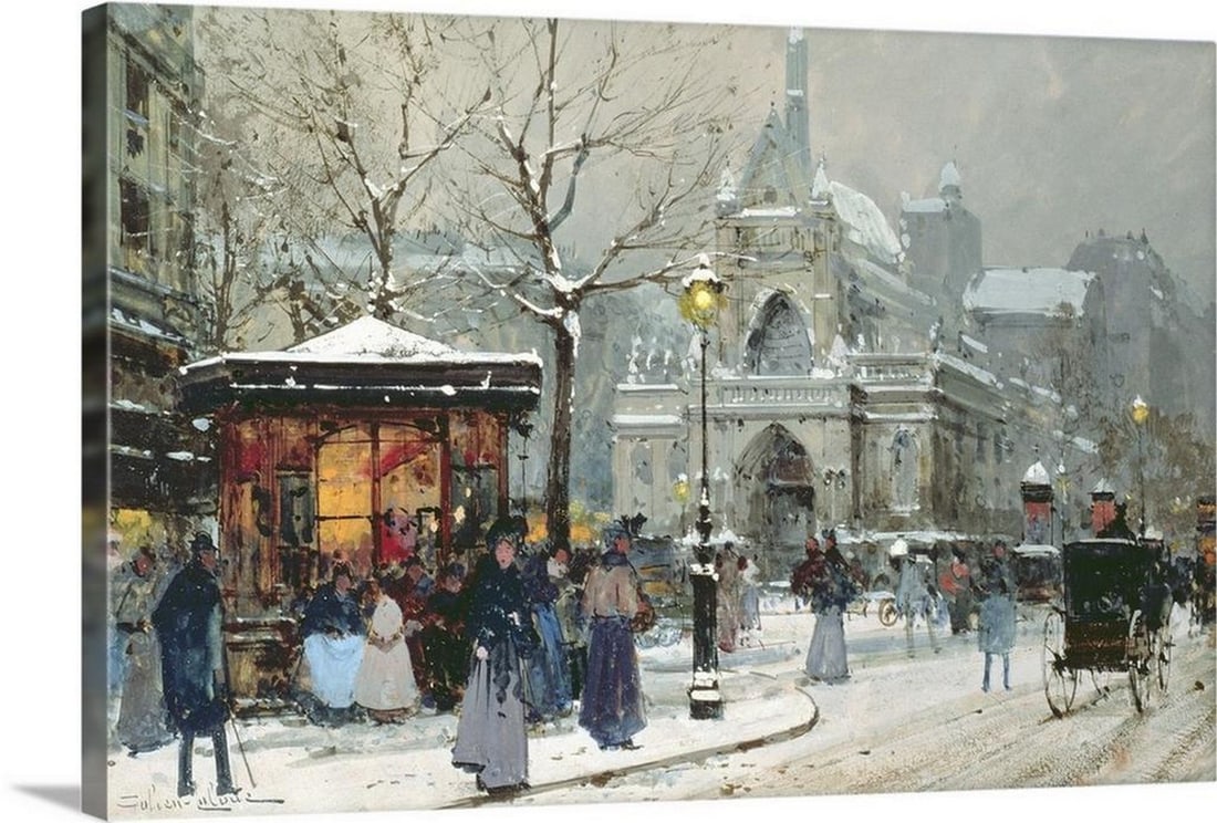 Eugene Galien-Laloue's Snow Scene in Paris Wall Art Canvas Reproduction - 16'' x 24'' (1 of 2)