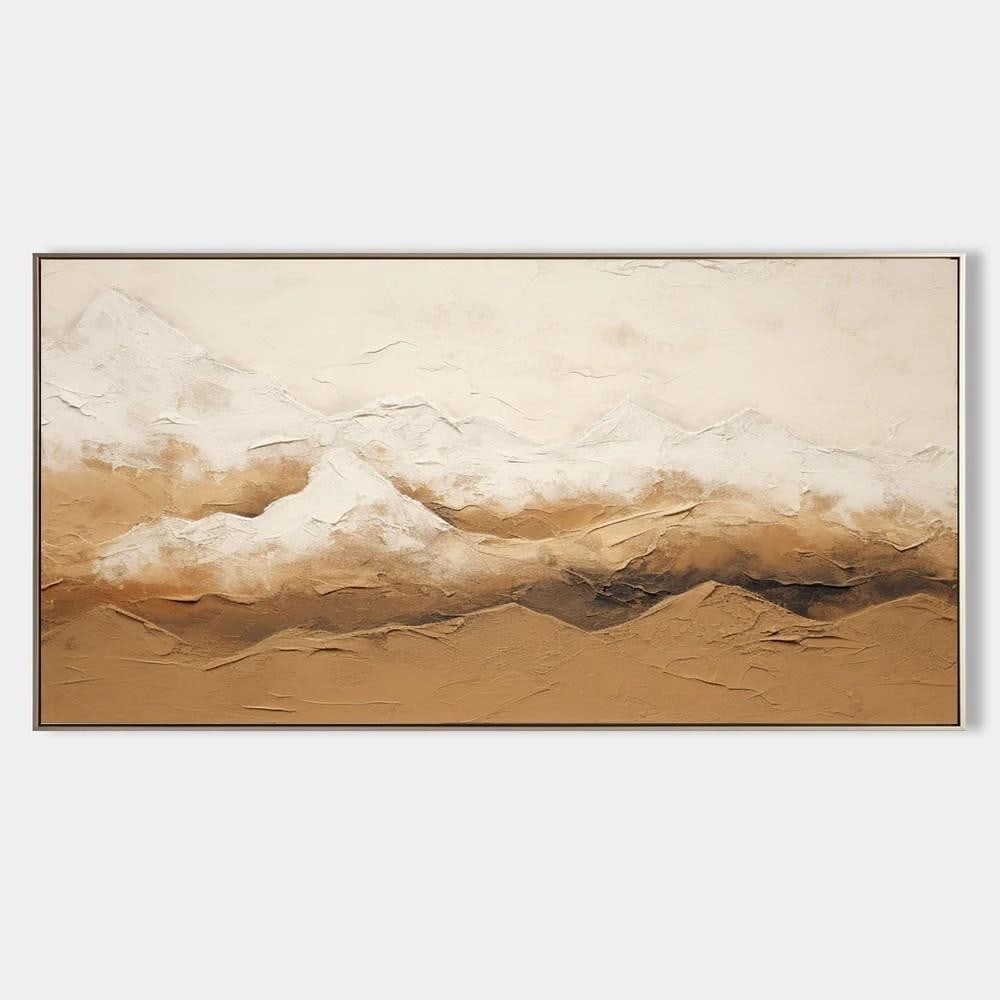 Framed Large Brown & Beige Mountain Landscape Wasabi-Sabi Canvas Painting: Framed Large Brown & Beige Mountain Landscape Wasabi-Sabi Canvas Painting Experience the serene beauty of nature with this Framed Large Brown & Beige Mountain Landscape Canvas Painting. The subtle ear