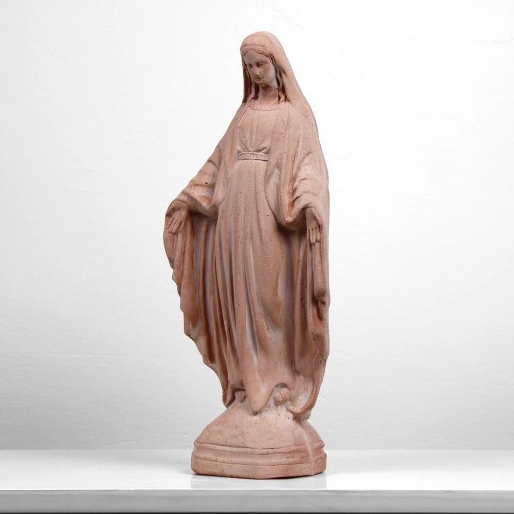 Small Virgin Mary Terracotta Garden Statue - (7.7lbs): Small Virgin Mary Terracotta Garden Statue - (7.7lbs) This Virgin Mary figurine is a timeless religious piece, inspired by the grace of Our Lady of Lourdes, as sculpted by Joseph-Hugues Fabisch in