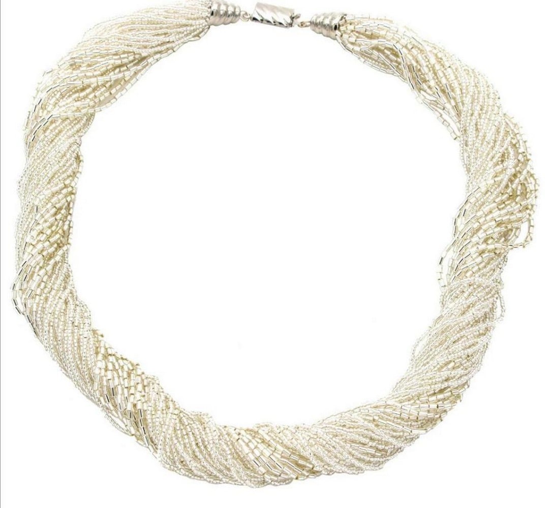 White Toned Beaded Murano Glass Twisted Necklace: White Toned Beaded Murano Glass Twisted Necklace Handmade Lampwork Murano Glass Bead Necklace This necklace is made from the lamp working technique. Beads are made in glass molten, making this the
