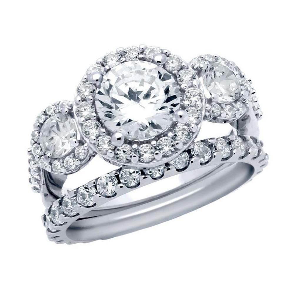 925 Sterling Silver Rhodium-Plated CZ Three-Stone Ring & Eternity Band Wedding Set - Size 8: 925 Sterling Silver Rhodium-Plated CZ Three-Stone Ring & Eternity Band Wedding Set - Size 8 Celebrate your love story with our exquisite 925 Sterling Silver Rhodium-Plated CZ Three-Stone Ring &