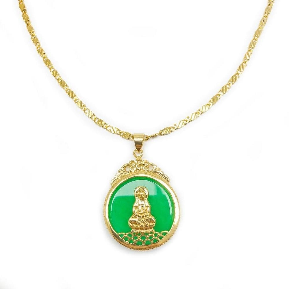 Chinese Green Jade Resting Buddha Paired With An 18: Chinese Green Jade Resting Buddha Paired With An 18 Karat Gold Plated Necklace. View Photos For Further Details.