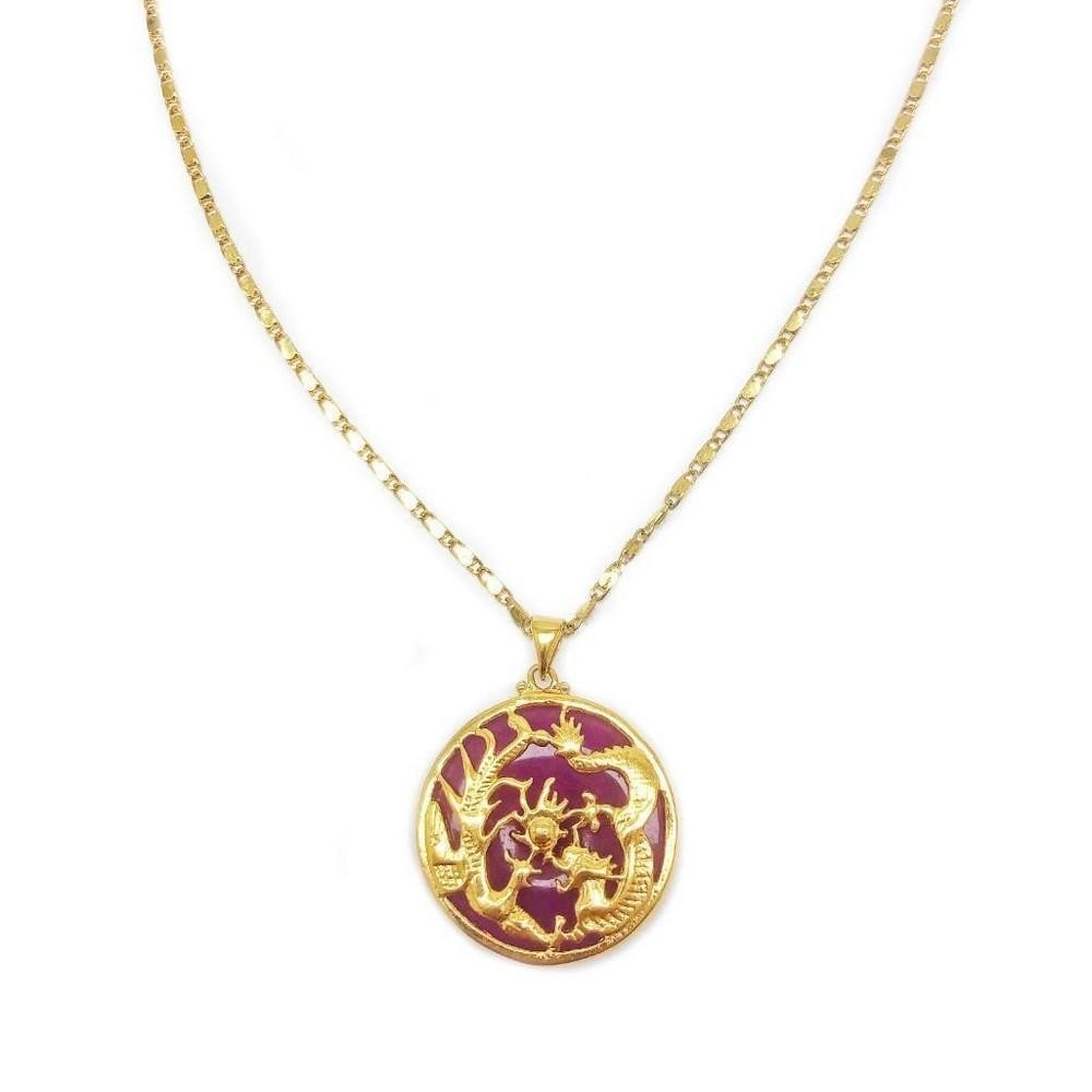 Chinese Purple Jade Dragon And The Phoenix Pendant Paired With 18KGP Marked Necklace: A Chinese Purple Jade Dragon And The Phoenix Pendant Paired With 18KGP Marked Necklace. View Photos For Further Details.