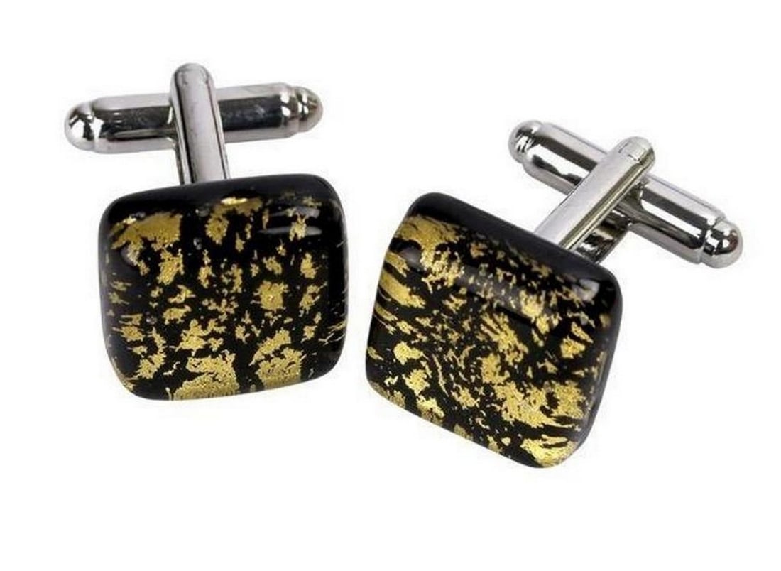 Golden Midnight Fusion Murano Glass Cuff Links: Golden Midnight Fusion Murano Glass Cuff Links Introducing our " Golden Midnight Fusion" Murano Glass Cuff Links-an exquisite union of refined sophistication and contemporary allure. These