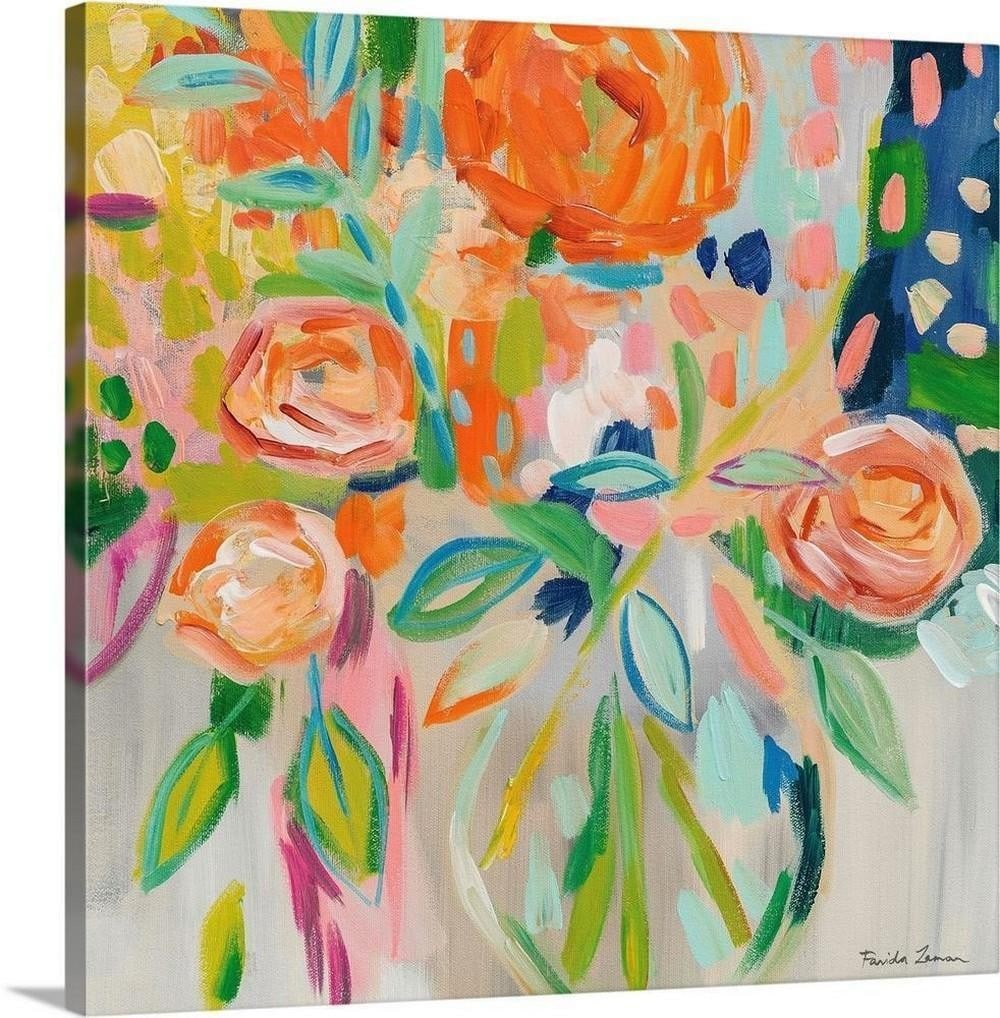 Summer Orange Floral Canvas Reproduction: Summer Orange Floral Canvas Reproduction By Farida Zaman Abstract square painting of a bouquet of flowers in bold shades of orange. Width: 20 inches Height: 20 inches View photos for further details.