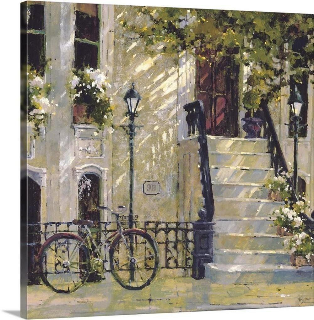 Floral Staircase Canvas Reproduction Print: Floral Staircase Canvas Reproduction Print Contemporary painting of a bicycle leaning against a city street light post, outside a building. Artist: Kay Grant Artist Kay Grant has truly mastered the