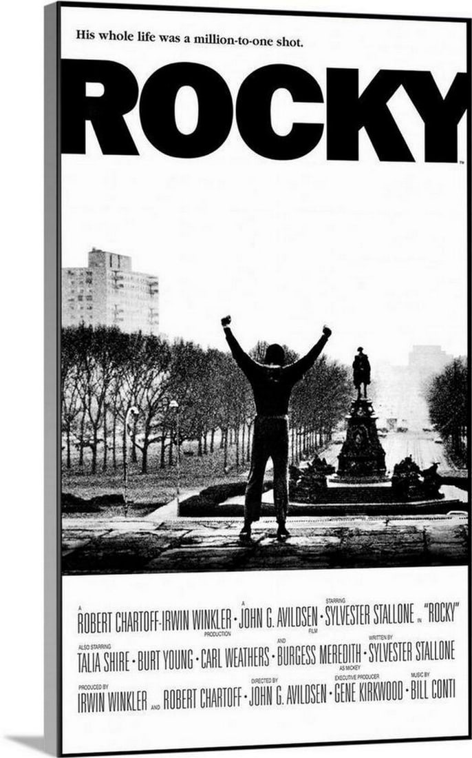 Rocky 1977 Movie Canvas Reproduction: " Rocky" 1977 Movie Canvas Reproduction Boxoffice smash about a young man from the slums of Philadelphia who dreams of becoming a boxing champion. Stallone plays Rocky, the underdog hoping to
