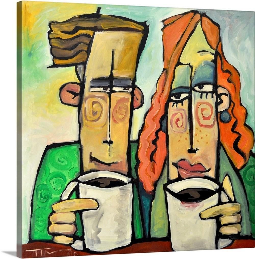 Coffee Date by Tim Nyberg Canvas Reproduction: Coffee Date by Tim Nyberg Canvas Reproduction A square artwork showing two cartoon-style figures sitting together and enjoying mugs of coffee. The composition emphasizes the casual, relaxed moment bet