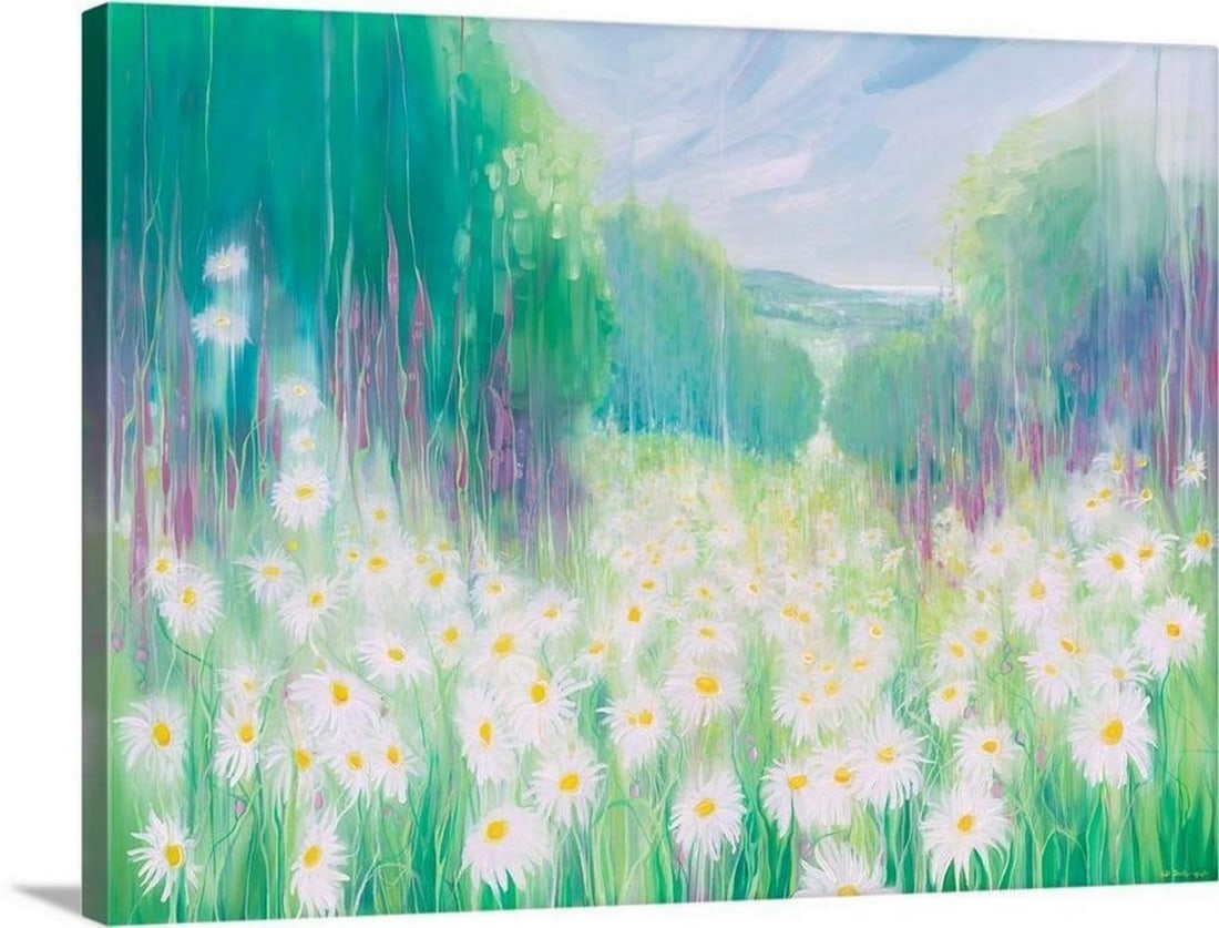 Through The Daisies To The Sea Canvas Reproduction: Through The Daisies To The Sea Canvas Reproduction By Gill Bustamante Watercolor painting of a dream-like meadow full of white daises. Width: 24 inches Height: 18 inches View photos for further detail