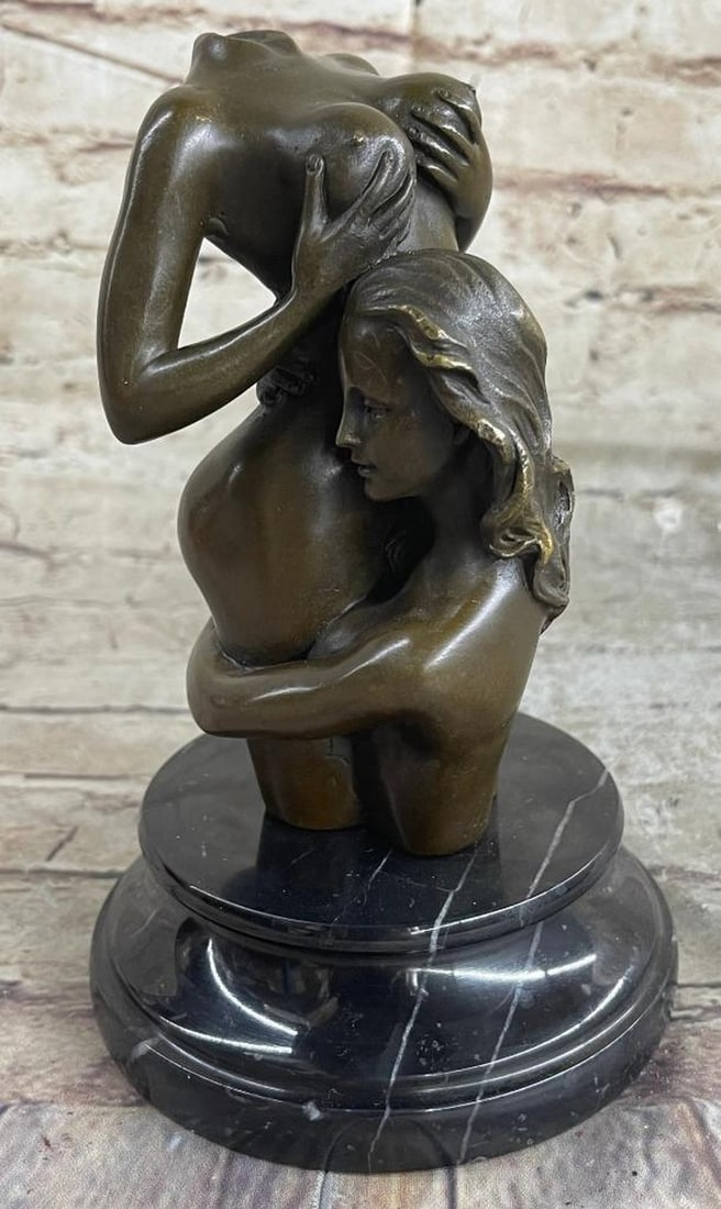 SIGNED ORIGINAL TWO GIRLS BRONZE SCULPTURE - 7.5'' X 5'': Signed Original Two Girls Bronze Sculpture - 7.5" x 5" This is a sexy half-bust sculpture. This sensuous sculpture depicts two naked girl in an erotic embrace. One woman clutches her lovers curv