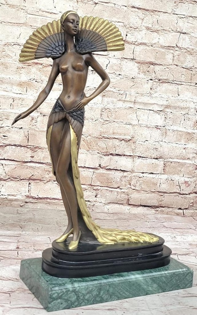 Julius Erte Inspired Topless Showgirl Signed Bronze Sculpture - 16'' x 9.5'': Julius Erte Inspired Topless Showgirl Signed Bronze Sculpture - 16" x 9.5" Step into the world of haute couture with our captivating Julius Erte Topless Showgirl Bronze Sculpture. Adorned in a l