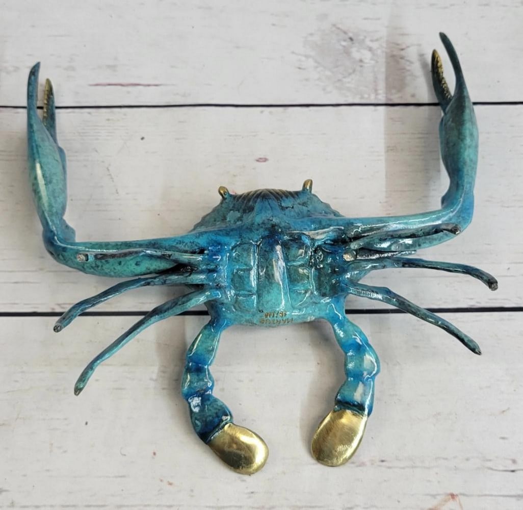Signed Original Blue Patina Crab Bronze Sculpture - 4'' x 8'' (1 of 6)