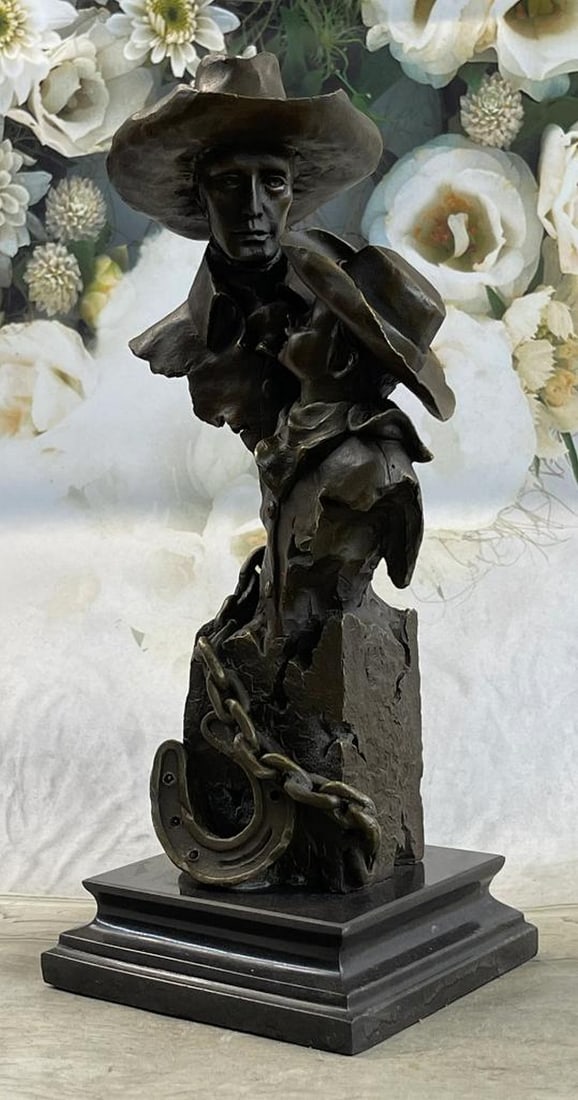 Just Like Papa Western Cowboy and Son Bronze Bust Statue Sculpture 13'' x 6'': Just Like Papa" by Renown Artist Milo, Sculpture features a Brown patina on the richly Marble base,and signed by artist Milo''. Our unique Hot cast process enables us to successfully reproduce a ri