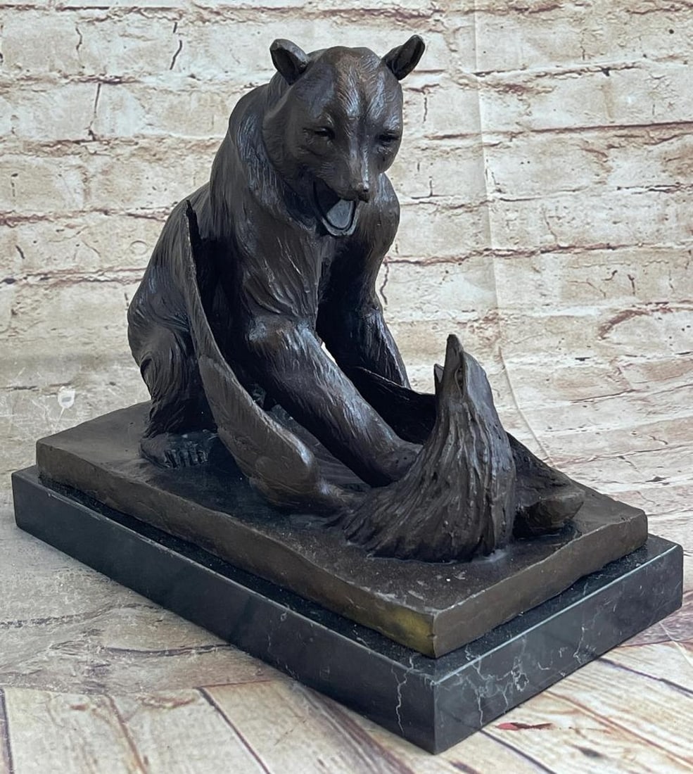 Barye Inspired Bear Attacking Eagle Bronze Sculpture On Marble Base - 10'' x 12'' (1 of 7)