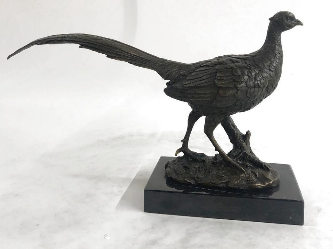 Original Pheasant Bronze Sculpture On Marble Base - 8'' x 12.5'': Original Pheasant Bronze Sculpture On Marble Base - 8" x 12.5" The pheasant is captured in a slowed down moment of action. Startled, the extravagant male, leans forward on it s perch, letting