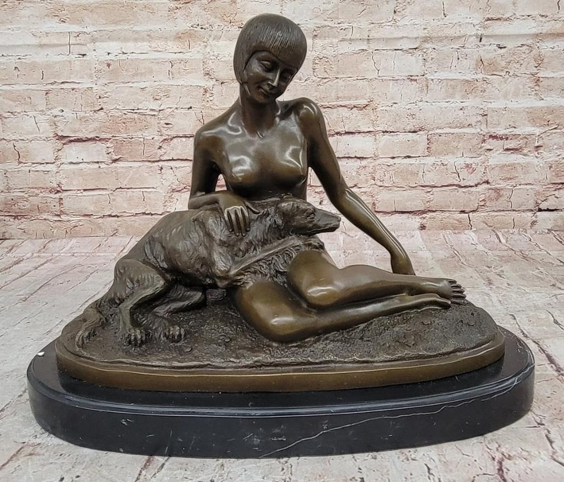 Art Deco Nude Lady with Borzoi Inspired Bronze Sculpture Signed by Armand Goddard - 11'' x 14.5'': Art Deco Nude Lady with Borzoi Inspired Bronze Sculpture Signed by Armand Goddard - 11" x 14.5" Step back in time to the late 1920s with this captivating bronze sculpture by the skilled artist