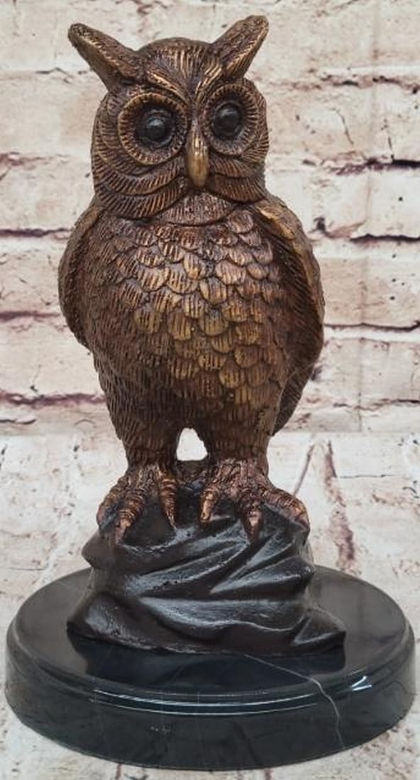 Signed Original Art: Bronze Owl Bird Statue Sculpture on Marble Base: Perched gracefully on his post, a charming owl gazes into the nocturnal expanse. His inherent talent for attentive listening captivates him, tuned to the nighttime symphony. Poised for the faint