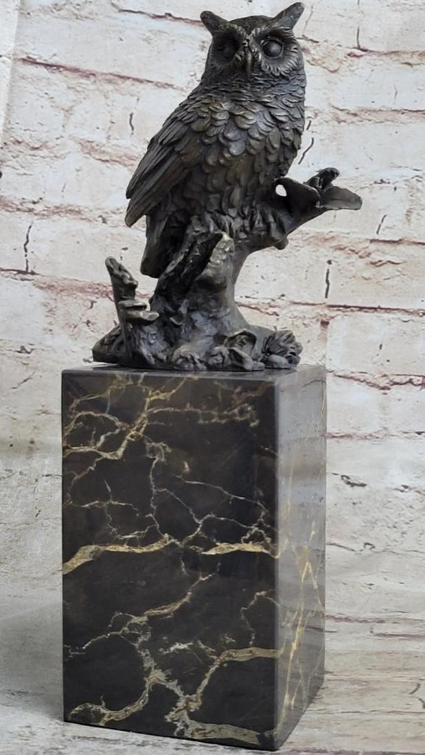 Original Handmade Perched Owl Bronze Sculpture On Marble Base - 11'' x 3'': Original Handmade Perched Owl Bronze Sculpture On Marble Base - 11" x 3" Experience the enchanting presence of this bronze sculpture, where a quaint owl finds solace upon his perch, gazing into