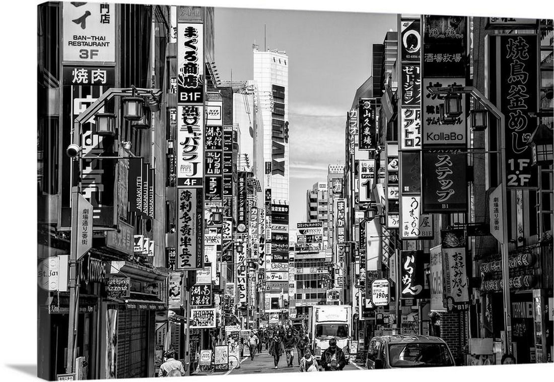 Black And White Japan Collection - Shinjuku Wall Art Canvas Reproduction by Philippe Hugonnard: Black And White Japan Collection - Shinjuku Wall Art Canvas Reproduction by Philippe Hugonnard Enhance your space with the striking imagery of Black And White Japan Collection - Shinjuku by Philippe
