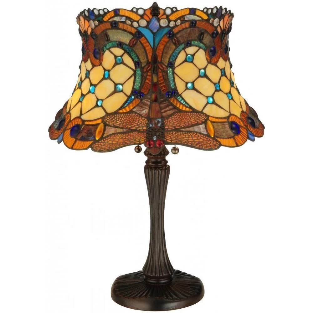 Tiffany-Style Hanging Head 2-Light Dragonfly Table Lamp: Tiffany-Style Hanging Head 2-Light Dragonfly Table Lamp Celebrate classic Tiffany artistry with this striking dragonfly table lamp. The shade features Tiffany's iconic diving dragonfly motif, crafted 