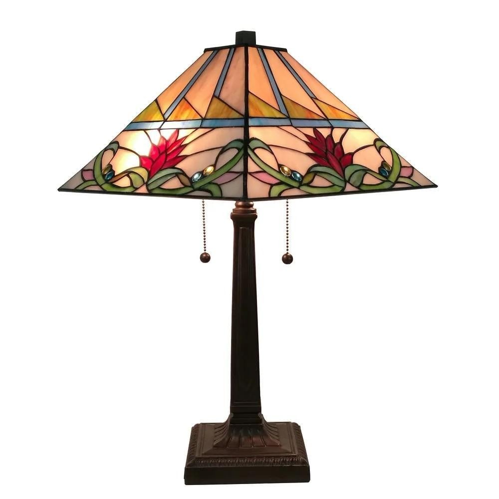Tiffany-Inspired Two-Light Table Lamp: Tiffany-Inspired Two-Light Table Lamp This Tiffany-style table lamp features a shade crafted with 236 individually cut pieces of stained art glass arranged in varicolored geometric patterns. Its warm,