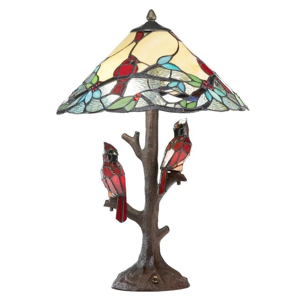Cardinal Haven Tiffany Table Lamp: Cardinal Haven Tiffany Table Lamp This 23.75-inch Tiffany-style table lamp captures the beauty of nature with two handcrafted stained glass cardinals perched on a sculpted tree trunk base in an antiqu