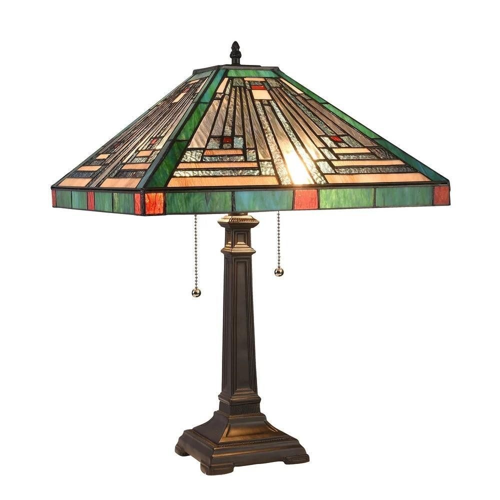 Tiffany-Style Mission 2-Light Table Lamp: Tiffany-Style Mission 2-Light Table Lamp Elevate your space with the warm, geometric charm of this Tiffany-style Mission design table lamp. Featuring a rich blackish bronze finish and a handcrafted sh