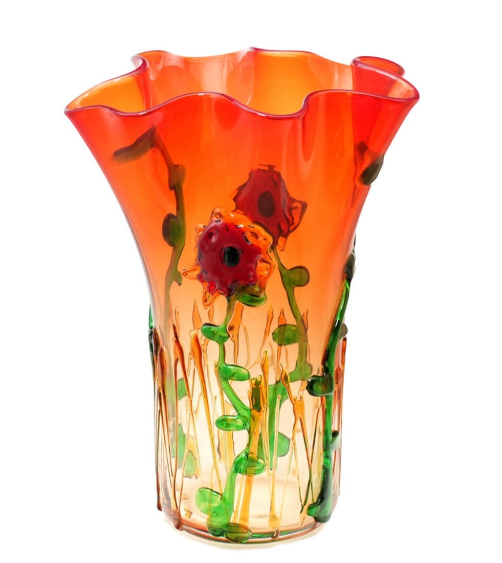 Murano Floral Art Glass Vase: Murano Floral Art Glass Vase This Murano glass vase features a floral design with hand-applied glass flowers, handcrafted by skilled artisans in Venice using traditional glassmaking techniques. The el