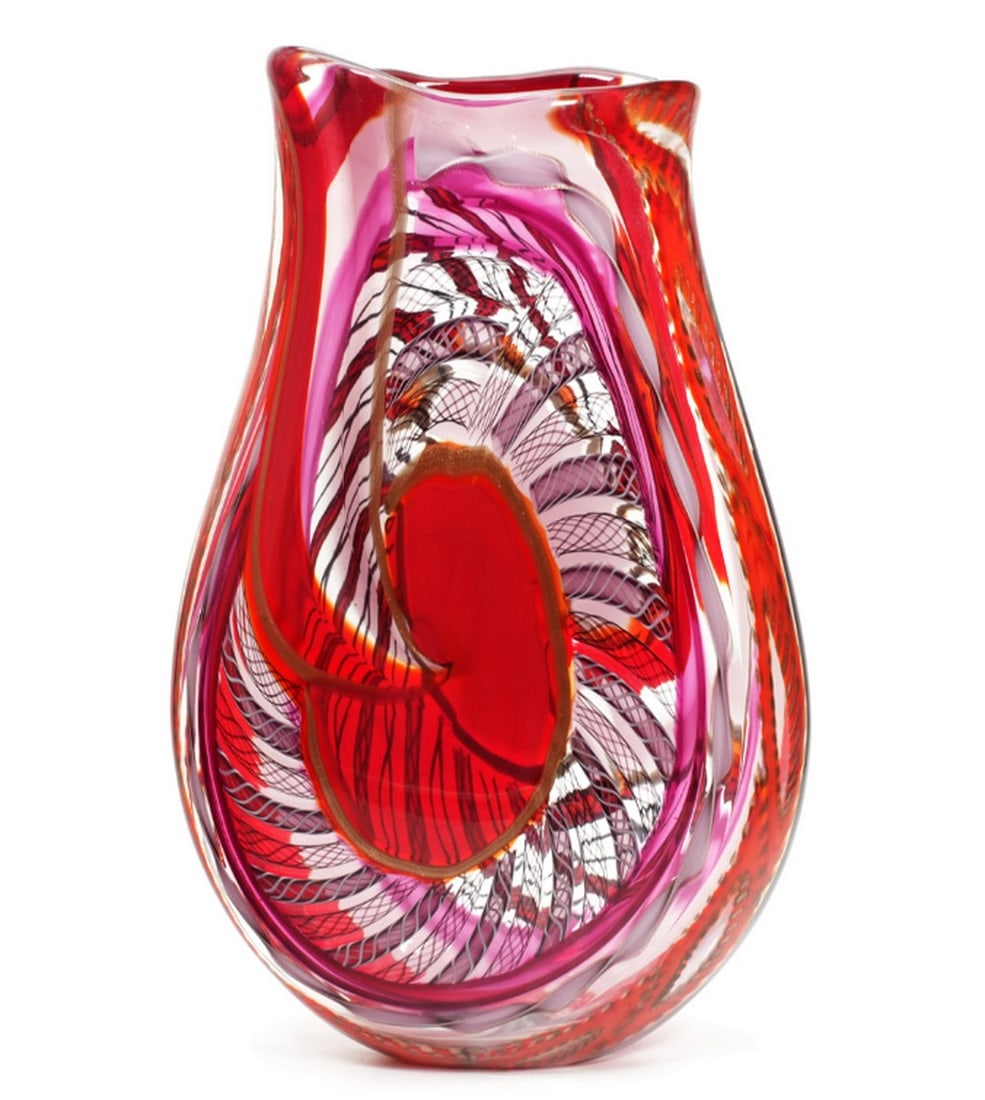 Murano Red and Pink Filigree Glass Vase (1 of 5)