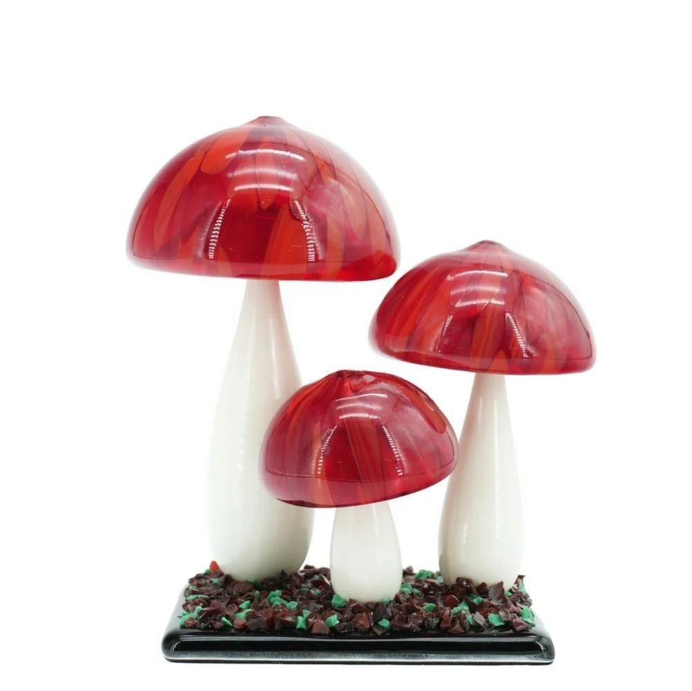 Fly Amanita Three Mushroom Sculpture - Murano Glass: Fly Amanita Three Mushroom Sculpture - Murano Glass These three beautiful mushrooms are handcrafted using the lampwork technique. They make a perfect decorative piece for any space or a thoughtful