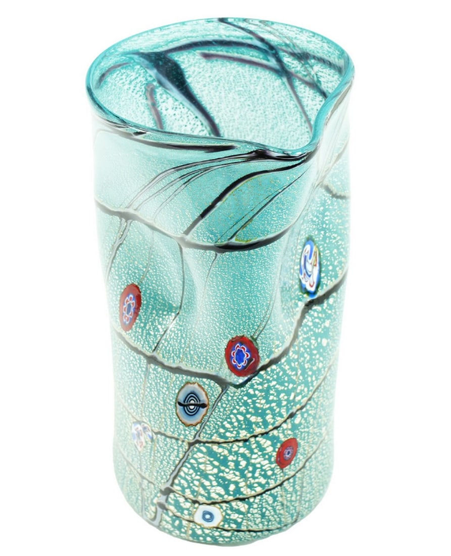 Azure Symphony: Murano Glass Kandinsky Pitcher in Aquamarine: Azure Symphony: Murano Glass Kandinsky Pitcher in Aquamarine Indulge in the artistry of glass blowing with our exquisite carafe featuring meticulous murrina decoration-a technique that incorporates