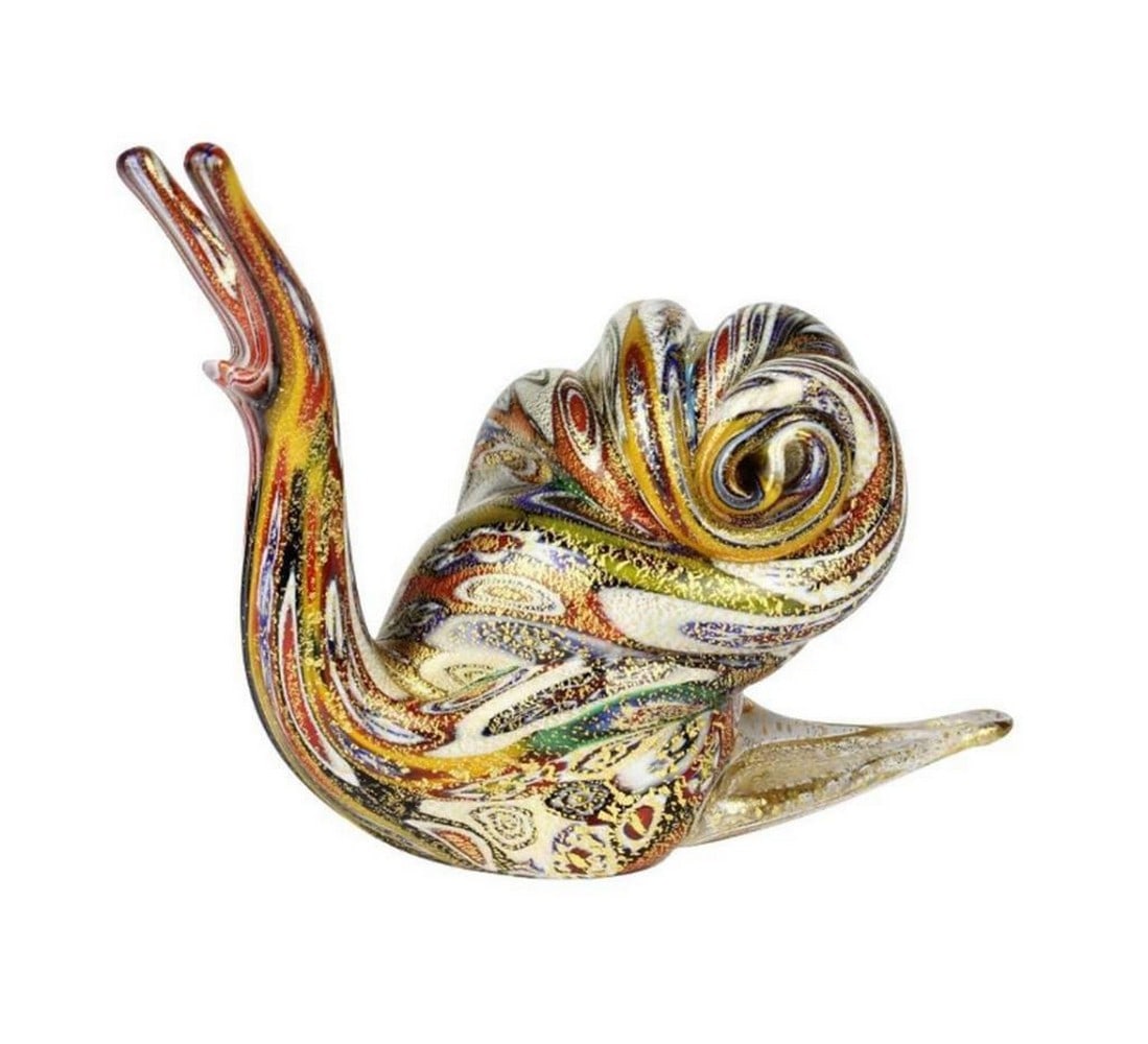 Millefiori Gold Snail Murano Glass Figurine: Millefiori Gold Snail Murano Glass Figurine Elevate your decor with our Precious Millefiori Gold Snail Murano Glass Figurine, a masterpiece of Murano glass artistry. Handmade in free hands by skilled