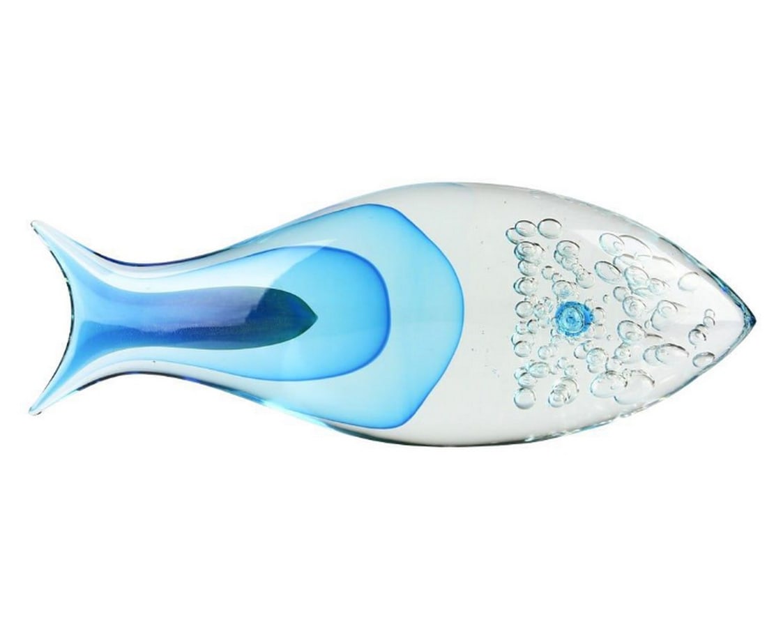 Light Blue Abstract Fish Sculpture: Light Blue Abstract Fish Sculpture This elegant light blue fish sculpture showcases the masterful sommerso technique by glass artist Dona. A unique, one-of-a-kind piece, it adds refined beauty and