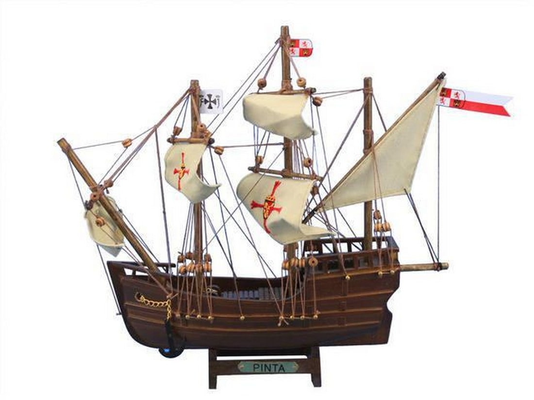 Wooden Pinta Model Ship 12'': Wooden Pinta Model Ship 12" Set sail on these charming tall ships models, inspired by Christopher Columbus legendary expedition ships for the New World, that fit comfortably on any shelf or desk. T