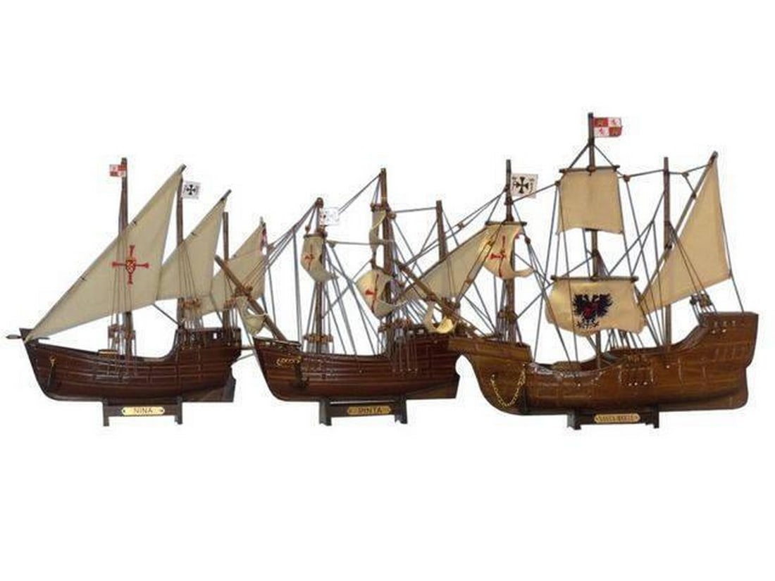 Wooden Santa Maria, Nina & Pinta Model Ship Set: Santa Maria 14" SOLD FULLY ASSEMBLED - THIS IS NOT A MODEL SHIP KIT Overall dimensions: 14" long x 3" wide x 12" high (1: 95 scale) Handpainted the actual color