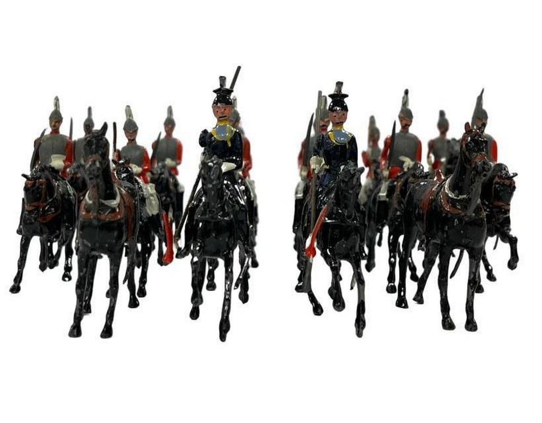 Lot of 16 - Circa 1920's Vintage British Lead Toy Soldiers On Horseback: Lot of 16- Circa 1920 Vintage British Lead Toy Soldiers On Horseback Step into a world of historical intrigue with our Circa 1920 Vintage British Lead Toy Soldiers. Meticulously crafted, these miniatu