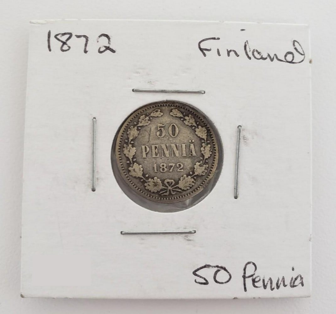 1872 Finland 50 Pennia: Obverse Imperial eagle with Finnish coat of arms in the middle. Reverse Denomination above date within wreath. Lettering: 50 PENNI? 1872