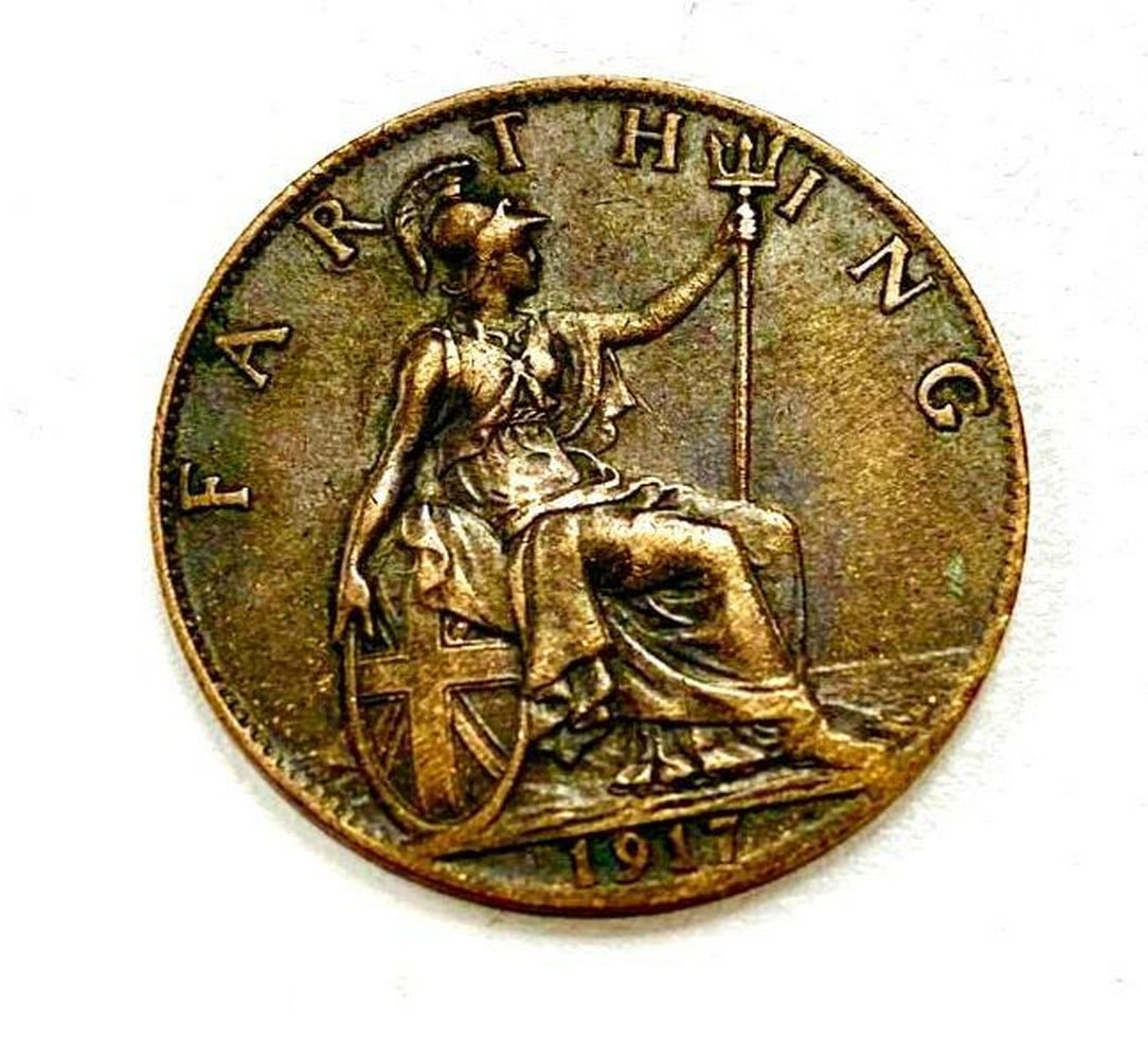 1917 1 Farthing - George V: Obverse Uncrowned portrait of King George V facing left, legend around. Lettering: GEORGIUS V DEI GRA: BRITT: OMN: REX FID: DEF: IND: IMP: BM Translation: George the Fifth by the Grace of God King of 