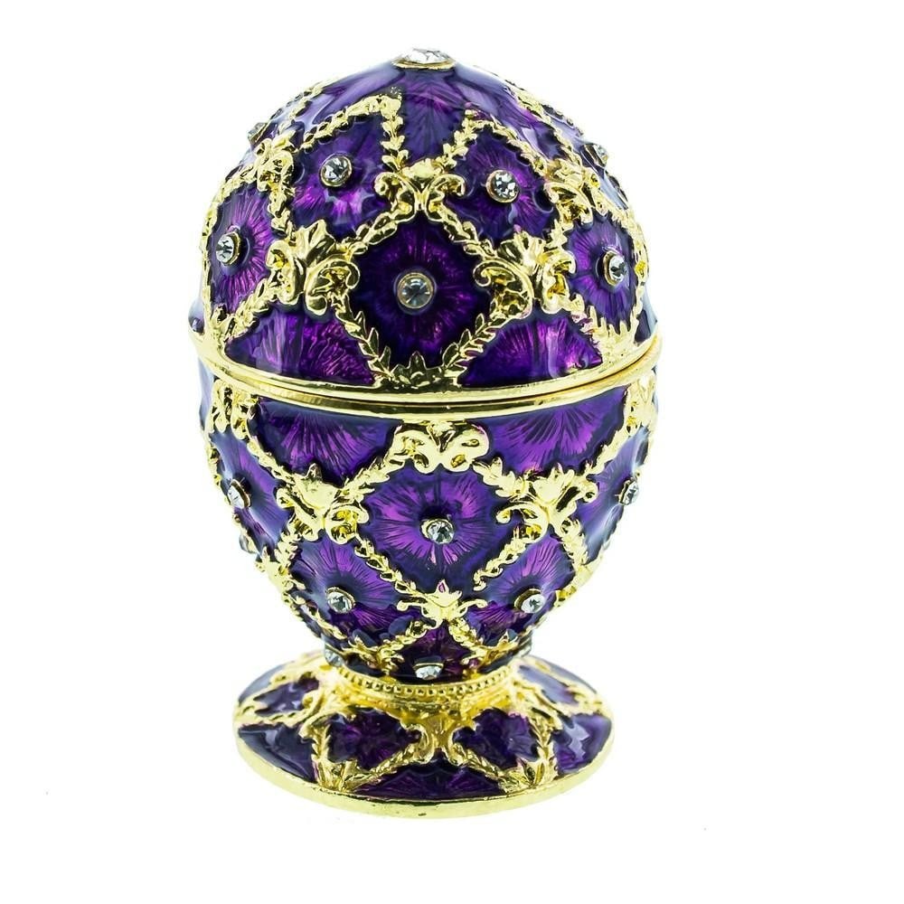 Purple Trellis Royal Inspired Easter Egg: Purple Trellis Royal Inspired Easter Egg Crafted from gold-plated pewter, this exquisite egg features Austrian crystals and high-polished enamel with elegant golden trim. Designed to open on a hinge w