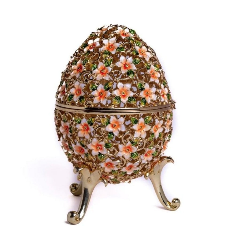 Faberge Egg Decorated with Flowers: Faberge Egg Decorated with Flowers Enamel Painted Trinket Box Decorated with Austrian Crystals Dimensions: H 6.61 x W 4.01 x L 4.01 in inches View Photos For Further Details.