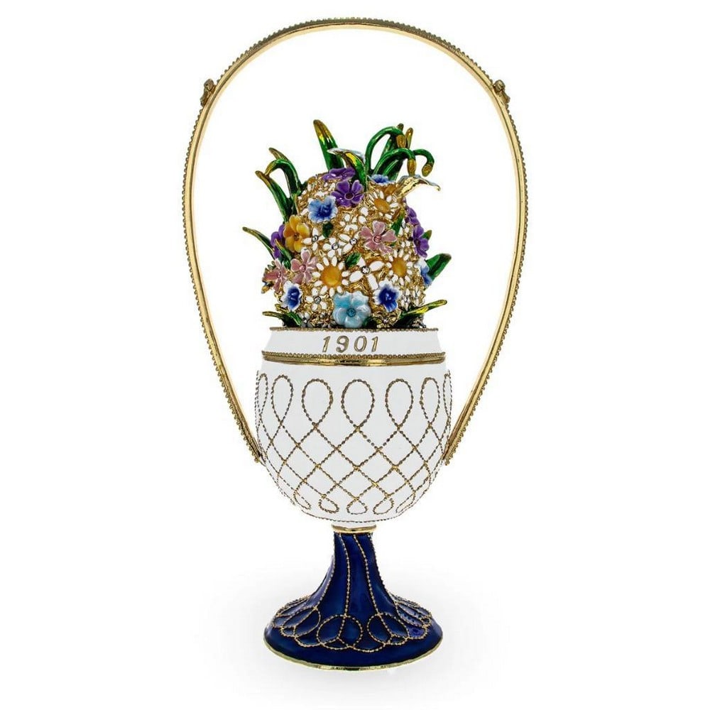 1901 Basket of Flowers Royal Faberge Inspired Imperial Egg: 1901 Basket of Flowers Royal Faberge Inspired Imperial Egg Enameled Magnetic Catch Gold Plated Pewter Hand Painted Gift Boxed Dimensions: 8.8 Inches Tall (on a stand) x 4.9 Inches Wide] View Photos