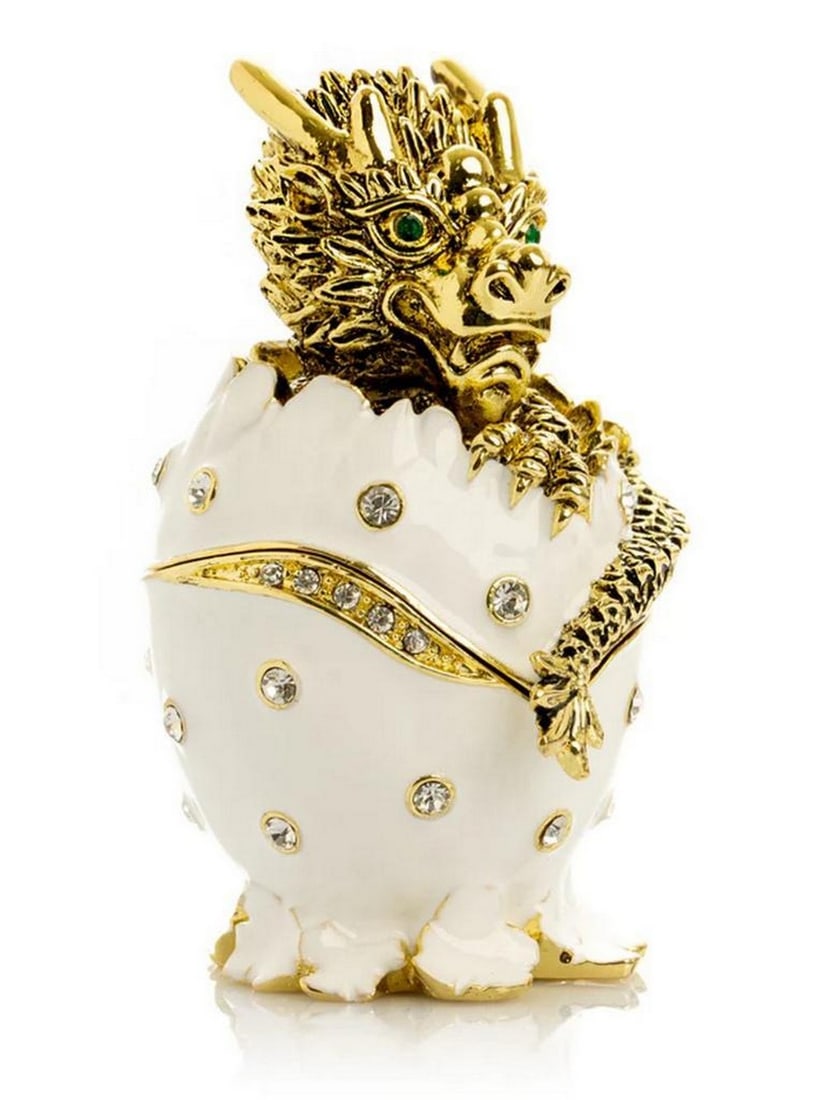 Golden Dainty Baby Dragon White Egg: Golden Dainty Baby Dragon White Egg Introducing the Golden Dainty Baby Dragon White Egg. Meticulously painted by hand using a unique procedure that combines a distinctive enamel technique inlaid with