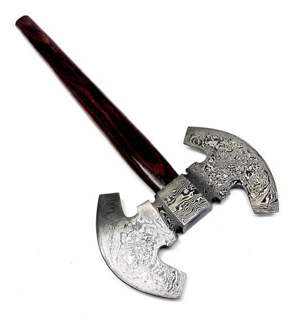 HEROS Hand Made Damascus Steel Forged Double Head War Axe With Rose Wood Handle: HEROS Hand Made Damascus Steel Forged Double Head War Axe With Rose Wood Handle For Auction Is A Stunning Handmade HERO s Damascus Double Headed WAR Axe Paired With a Handmade High Quality Genuine Lea