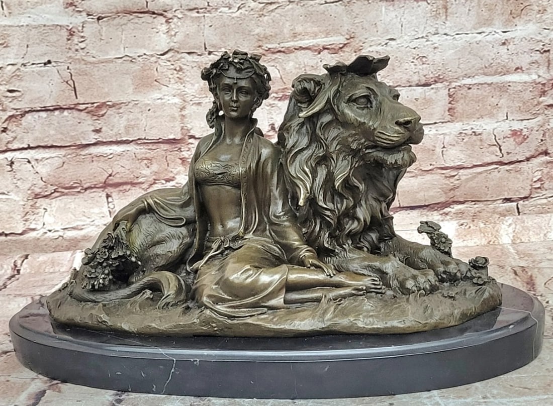 Courage and Grace - Bronze Maiden with Lion Sculpture by Vitaleh: Courage and Grace - Bronze Maiden with Lion Sculpture by Vitaleh Courage and Grace is a captivating bronze sculpture that portrays a noble maiden alongside a powerful lion, symbolizing harmony between
