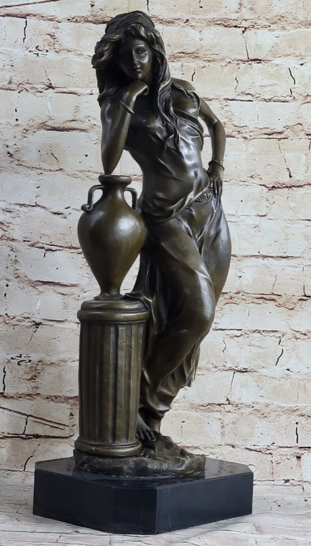 Contemplative Grace - Bronze Maiden Leaning on Vase Sculpture: Contemplative Grace - Bronze Maiden Leaning on Vase Sculpture Contemplative Grace is a beautifully detailed bronze sculpture portraying a serene maiden in a moment of quiet reflection as she leans gen