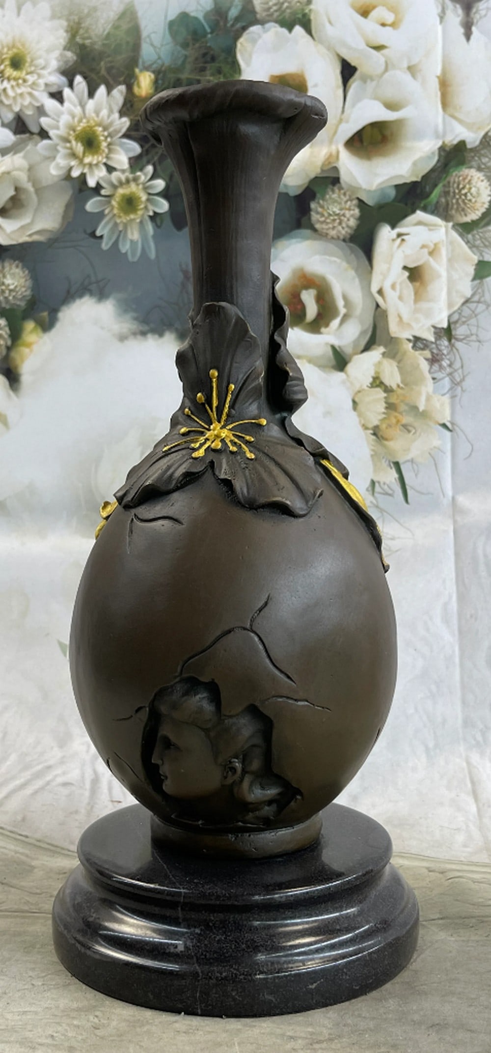 Eternal Elegance - Art Deco/Nouveau Bronze Portrait Sculpture on Marble Base: Eternal Elegance - Art Deco/Nouveau Bronze Portrait Sculpture on Marble Base Eternal Elegance is a refined bronze sculpture inspired by the graceful aesthetics of Art Deco and Art Nouveau design. This