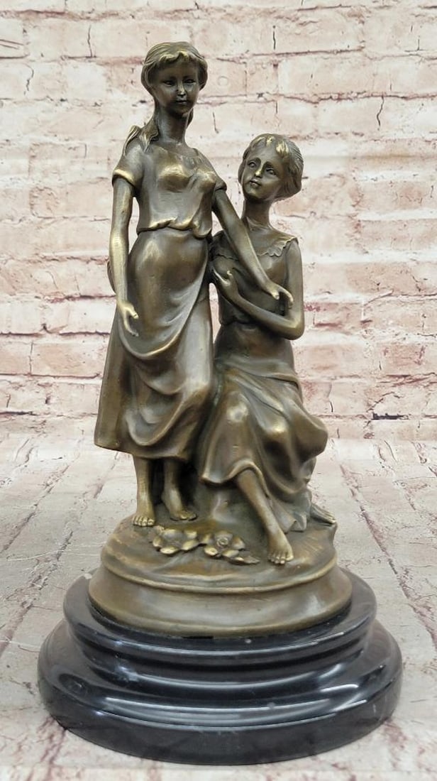 Two Sisters Art Nouveau Bronze Sculpture by M. Lopez - 12'' x 6.5'': Two Sisters Art Nouveau Bronze Sculpture by M. Lopez - 12" x 6.5" The " Two Sisters" bronze sculpture by M. Lopez beautifully captures the bond of sisterhood with elegance and harmony. Cra